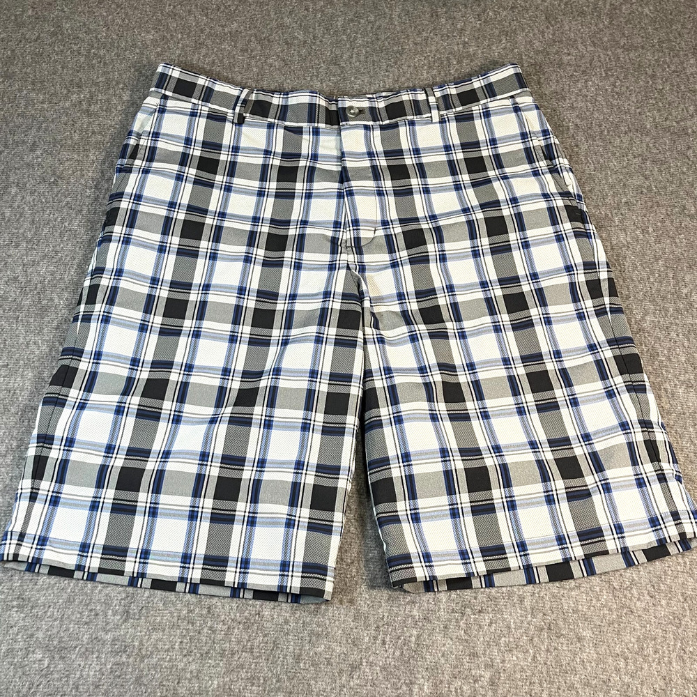 Slazenger Golf Shorts 34 Blue Gray Black Plaid Casual Tennis Skate Mens‎